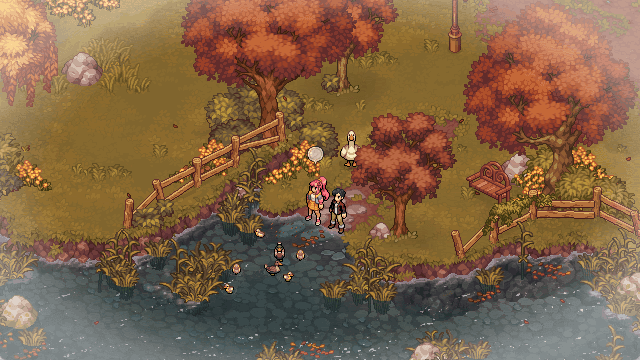By a pond in autumn, a date goes wrong: Hana looks miserable, and only a passing goose seems happy
