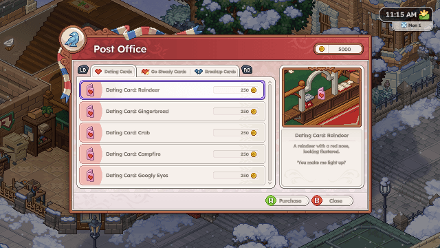 The Post Office’s card counter, flicking through Dating Cards (Reindeer, Gingerbread, Crab…), Go Steady Cards (Bursting, Invitation, Limerick…) and Break-up Cards (Fruitcake, Termination Letter, Space…)