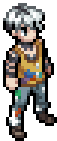 Cormac, messy white hair, in a mustard vest and paint-spattered jeans