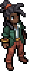 Eli, in a green jacket and rust-red trousers