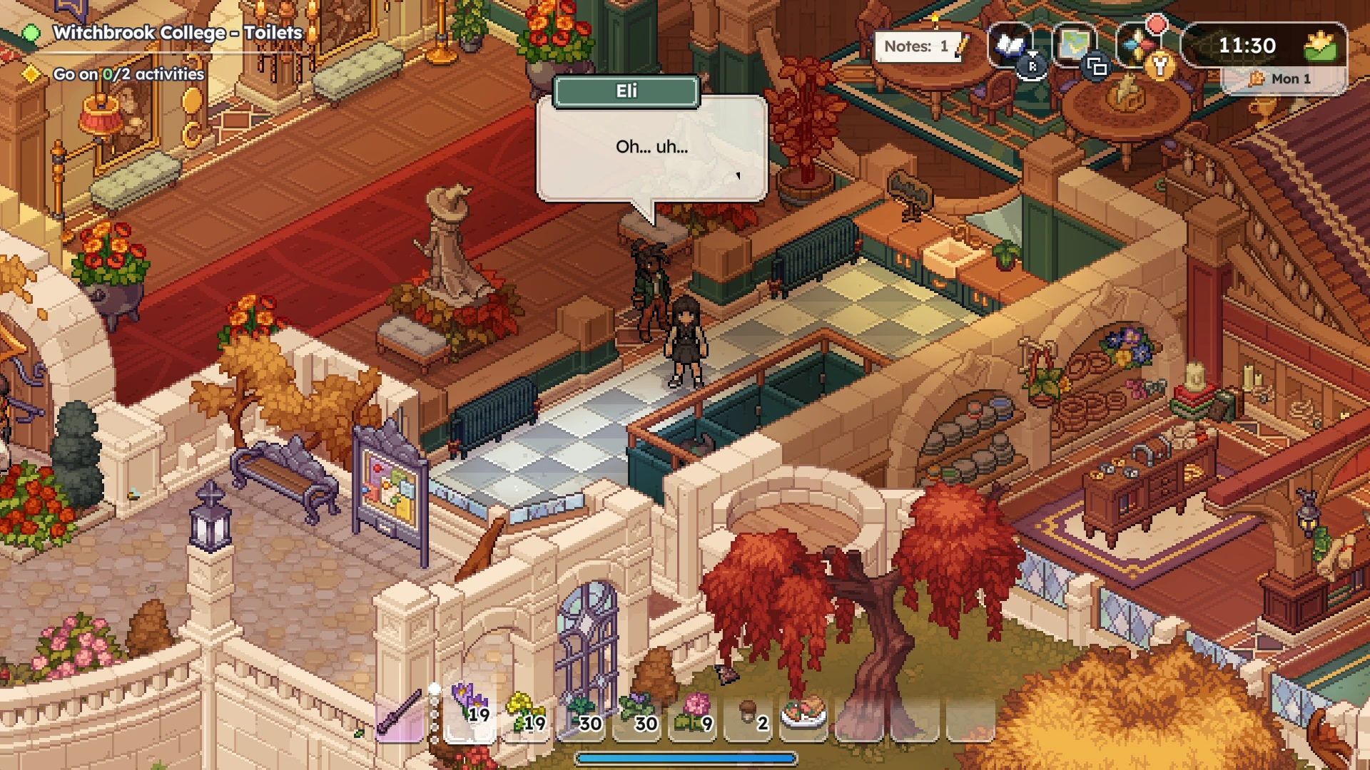 On a date at the College’s toilets, Eli manages only “Oh… uh…”