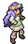 Pixel-art sprite of Evadne: long lilac hair under a crown of flowers, a mint-green smock over a white skirt, and boots