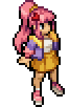 Hana, her pink hair tied up, in a lilac jacket and yellow skirt