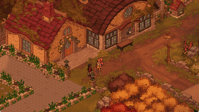 Outside a cottage on an autumn evening, Hana and the player share a kiss