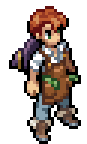 Pixel-art sprite of Leif: a mop of red hair, a brown gardening apron over a grey shirt, rolled-up jeans and boots
