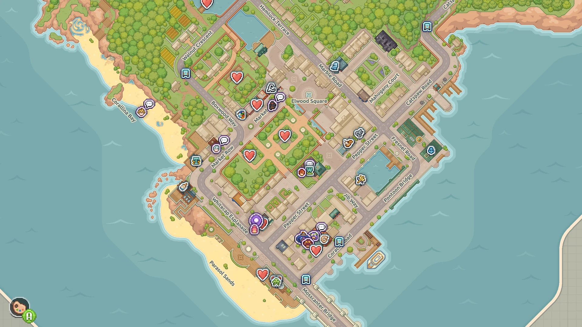 The map of Mossport with heart markers dotted across its streets, squares and Parasol Sands