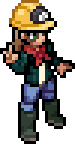 Pixel-art sprite of a witch in a miner’s helmet with a lamp, a red neckerchief and a green jacket, flashing a peace sign
