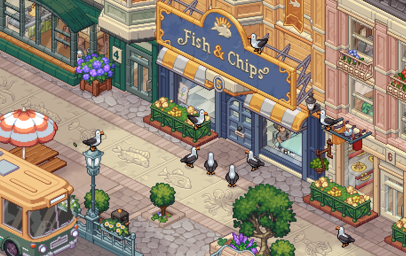 Seagulls gathered outside the fish and chip shop.