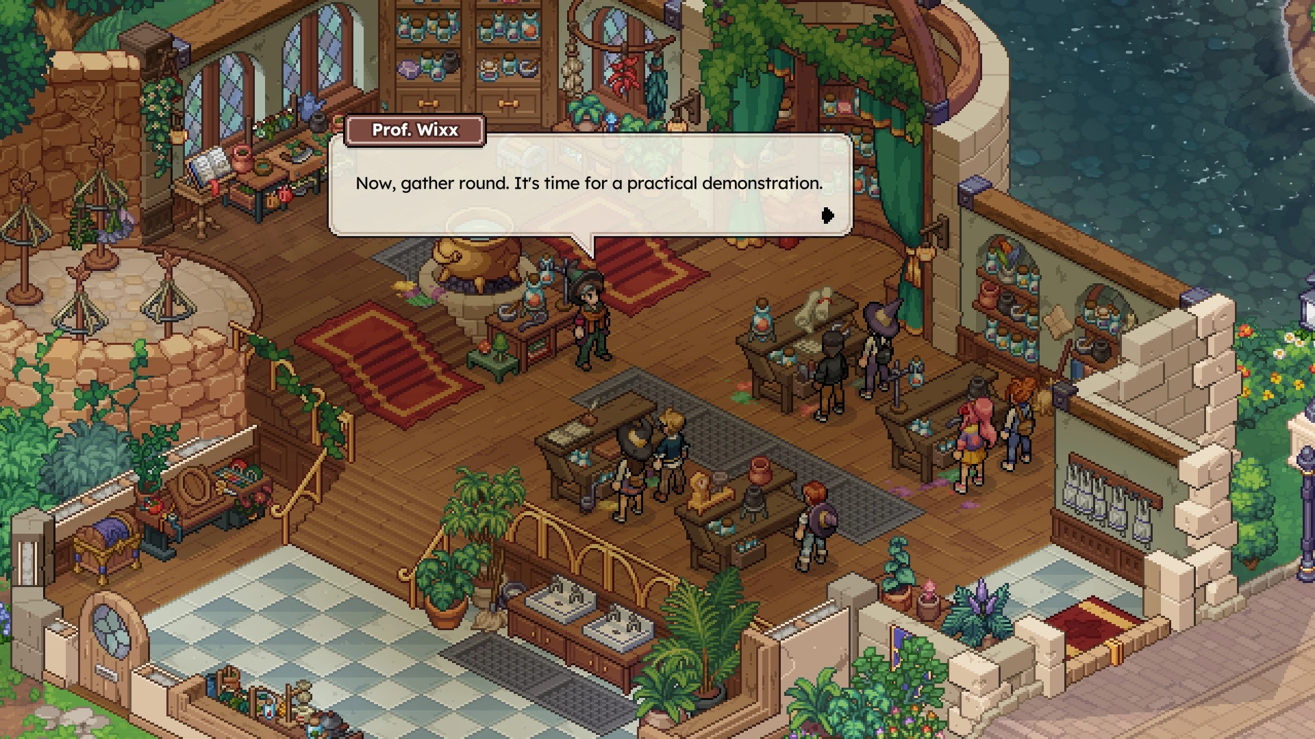 Students gather at their desks in the Alchemy Lab as their professor, beside a great brass cauldron, calls them round for a practical demonstration