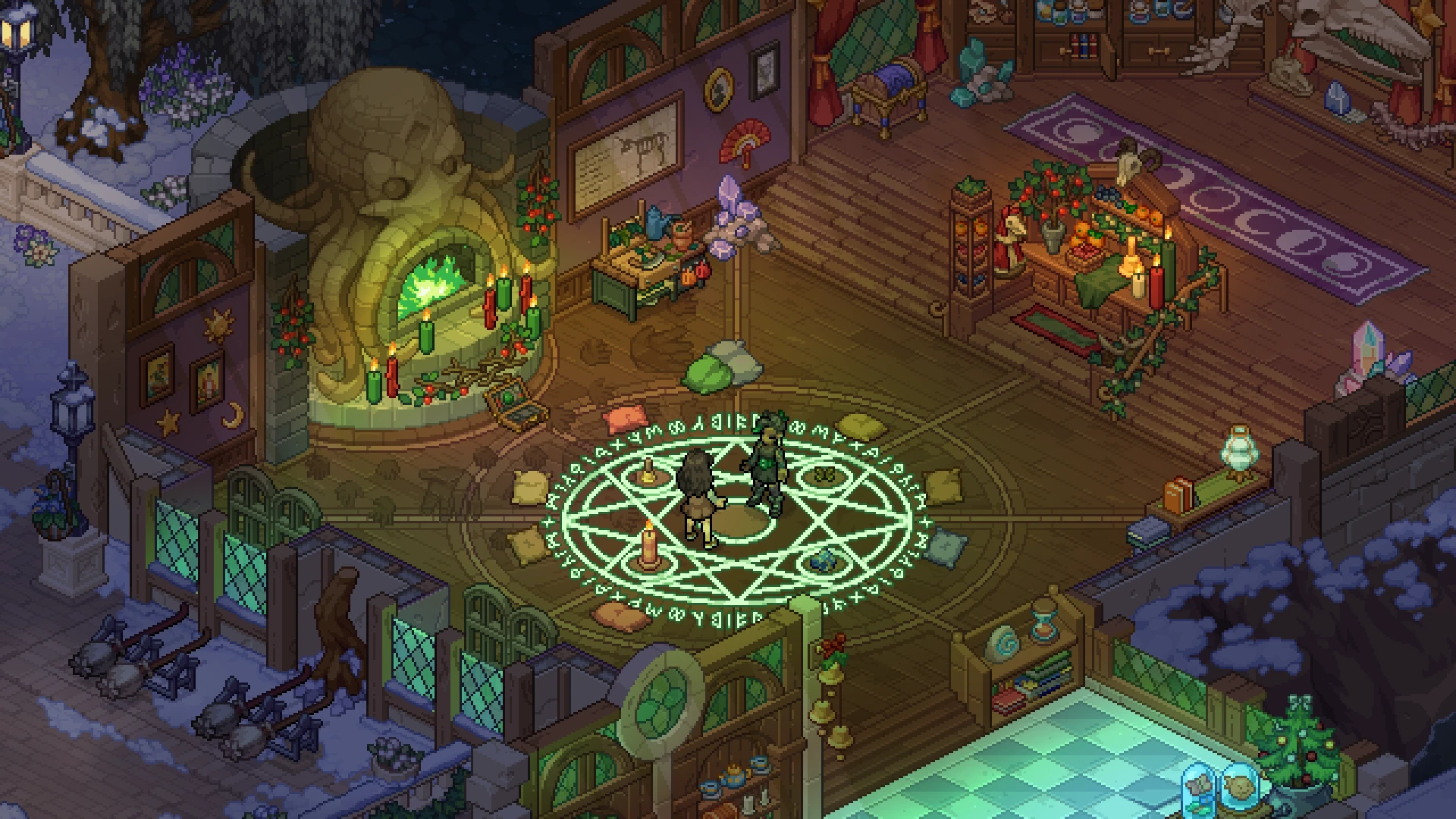 Two witches stand in a glowing green ritual circle in a candlelit room with a carved stone fireplace