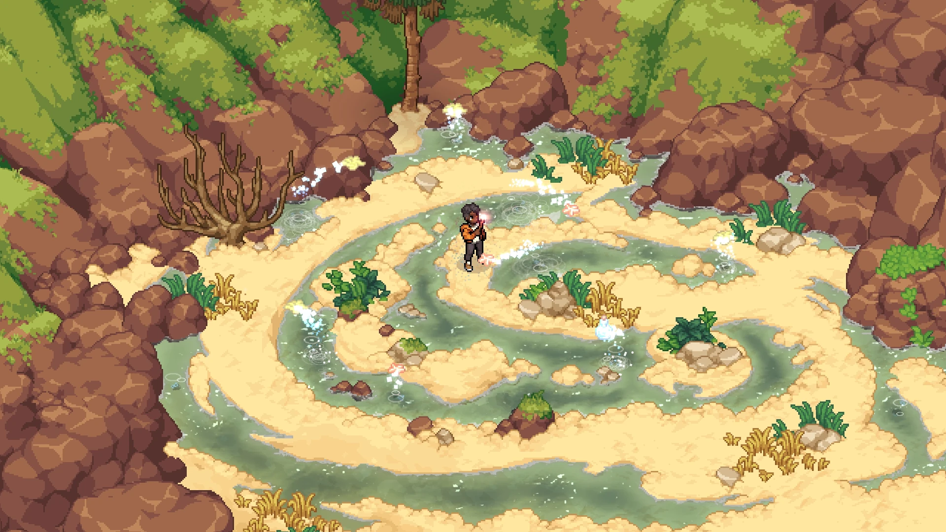 A witch casts a spell that sends the water swirling through a sandy cove of rock pools