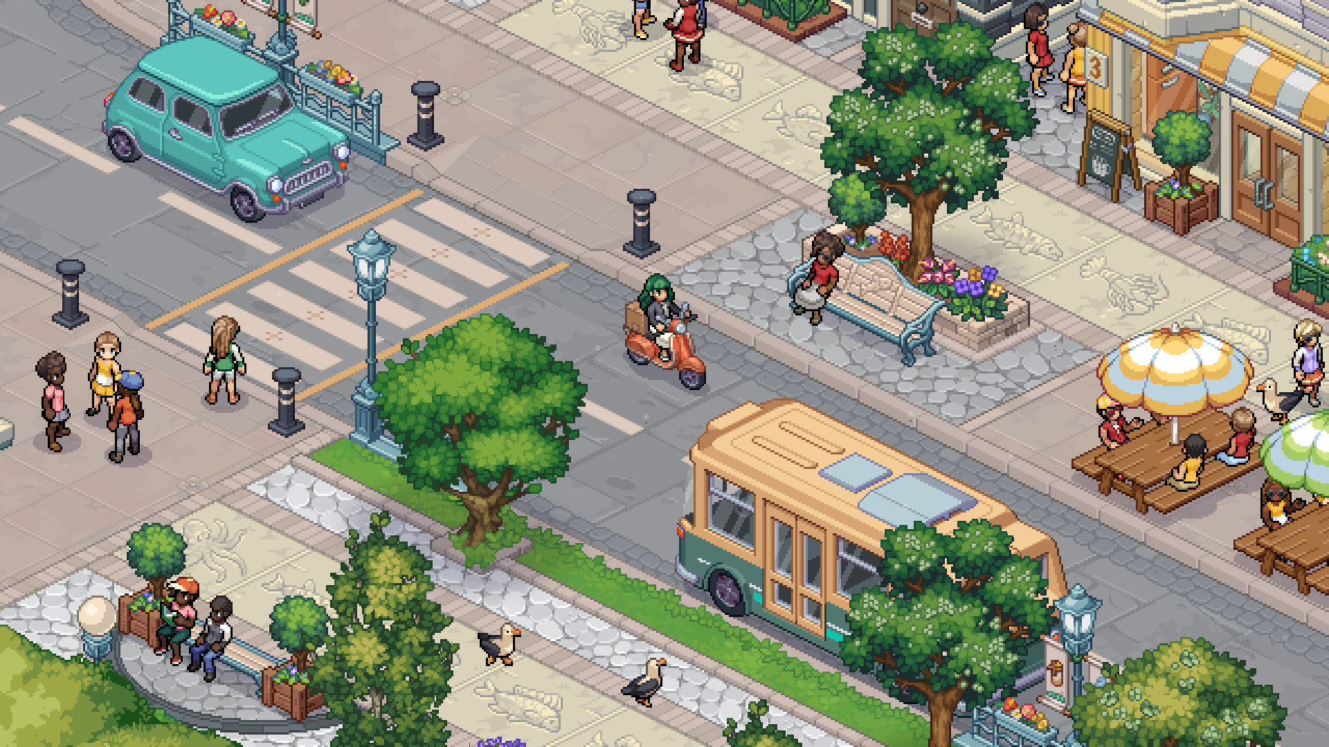 A busy street in Mossport, with a bus, a scooter and café tables