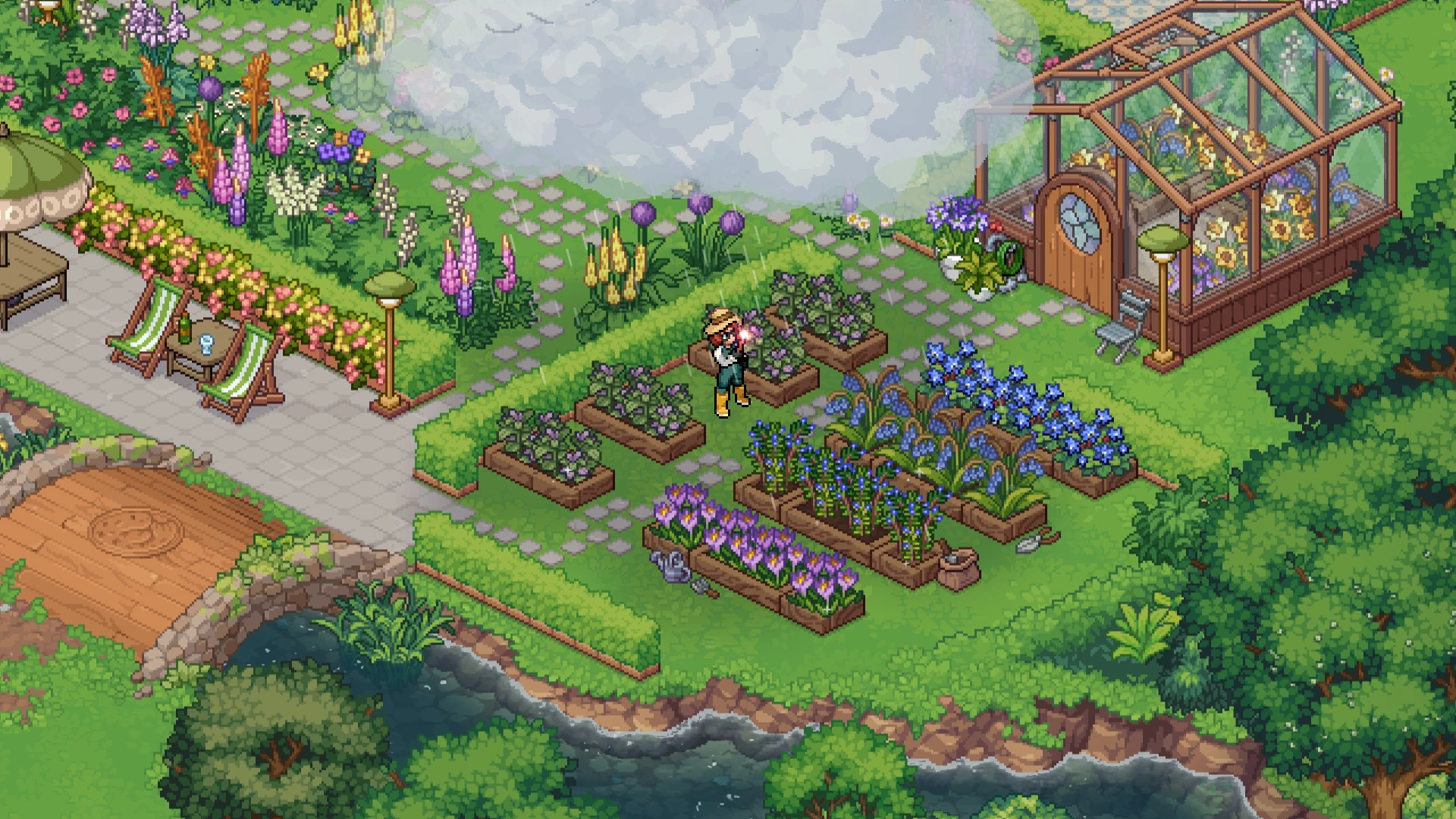 A witch tends raised flower beds beside a greenhouse while a rain cloud drifts over the garden